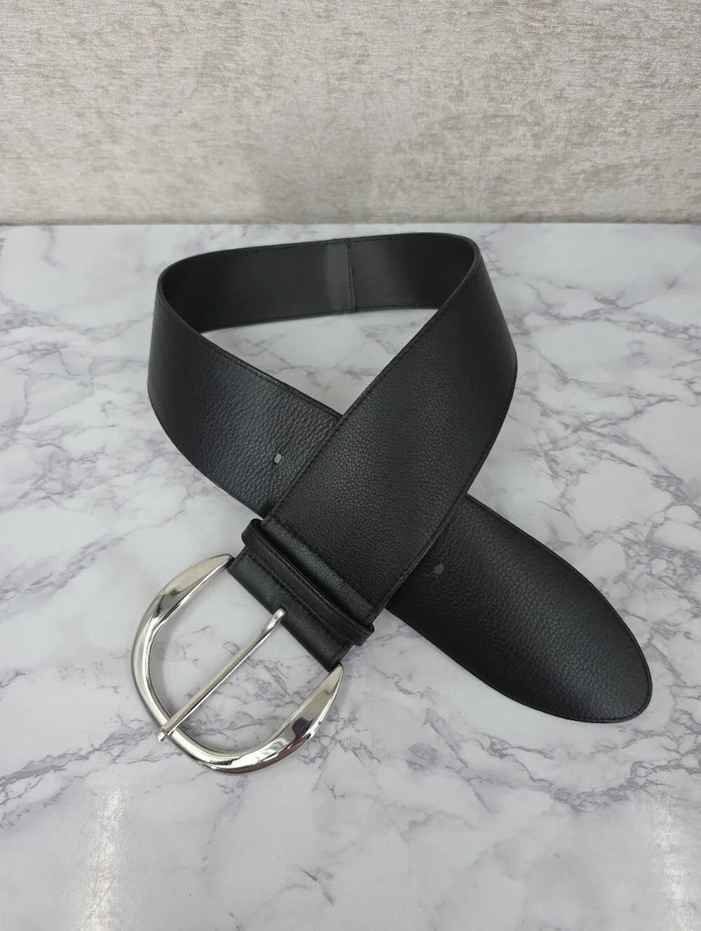 WHBM Extra Wide Black Leather Belt with Oversized Silver Tone Buckle XS